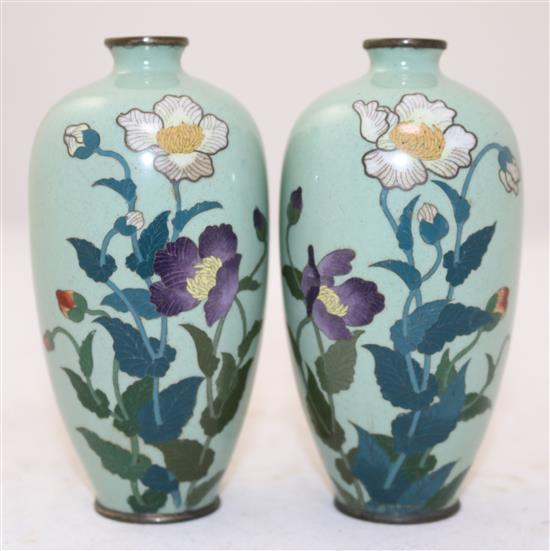 A pair of Japanese silver wire cloisonne enamel vases, early 20th century, 12.4cm